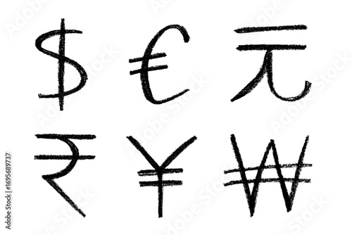 Hand drawn multiple currencies symbol set Dollar euro yuan yen won rupee