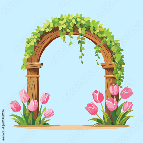 A whimsical digital illustration of a decorative wooden archway surrounded by lush green foliage and beautiful, vibrant pink tulips