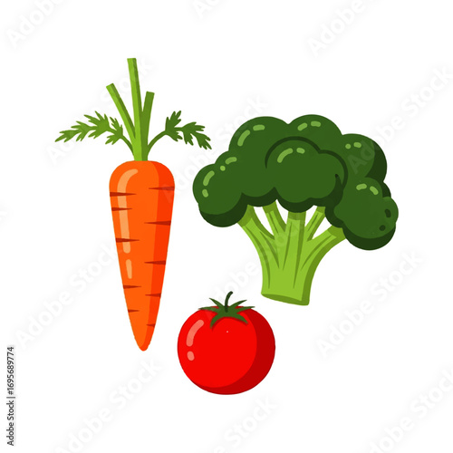 Cartoon illustration of a carrot, broccoli, and tomato, isolated on white background