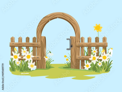  A cheerful and idyllic vector illustration of a rustic wooden archway with a fence, surrounded by lush green grass and blooming flowers