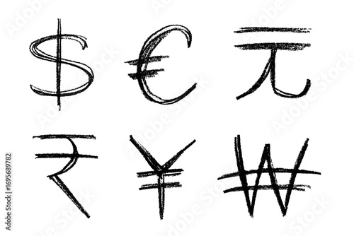 Hand drawn multiple currencies symbol set Dollar euro yuan yen won rupee