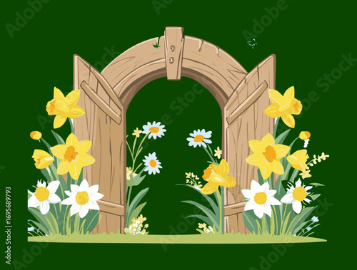 A lovely and rustic illustration of a charming, round wooden door nestled in a flower-filled hillside with butterflies and daisies