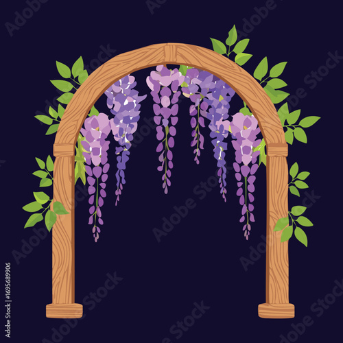 An elegant vector illustration of a dark, ornate archway beautifully draped with cascading purple wisteria blooms and green leaves