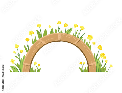 An enchanting illustration of a classic half-circle wooden archway adorned with delicate pink and purple blossoms