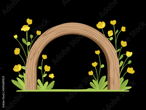 A detailed illustration of a cozy wooden arch covered in lush greenery and colorful spring blossoms against a deep, dark backdrop
