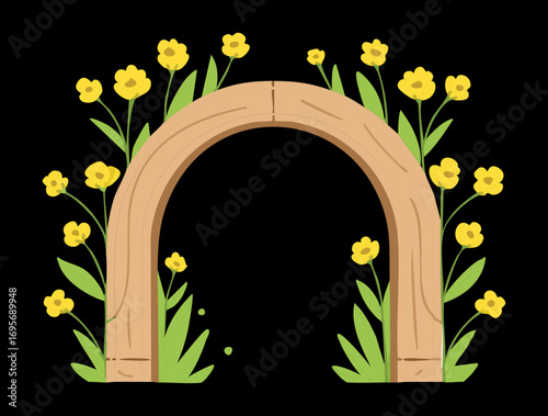 A beautiful digital illustration of a simple wooden garden archway with vibrant yellow flowers against a dark, mysterious background