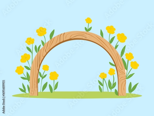 A charming wooden arch in a peaceful field with beautiful yellow flowers and green grass under a clear blue sky