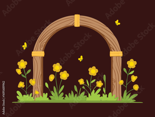 Wooden arch and fence in a warm, sunny meadow with vibrant yellow flowers and colorful butterflies on a peaceful day
