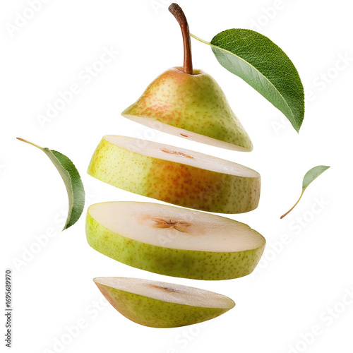 Juicy green pear slices levitating with leaves transparent background fresh fruit food