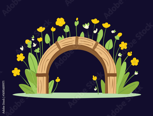 Wooden arch surrounded by bright yellow blossoms and fluttering butterflies in a beautiful, vibrant summer meadow scene