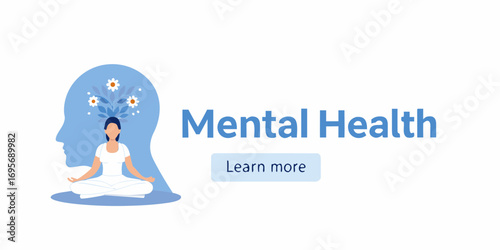 Woman meditating inside a silhouette of a head with blooming flowers representing mental wellness and self care
