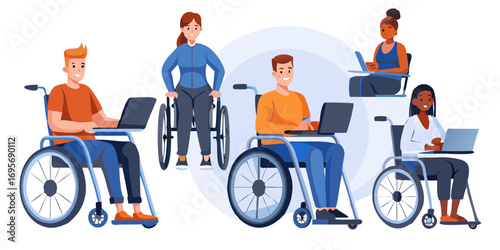 Diverse group of people in wheelchairs working on laptops together in a modern office environment