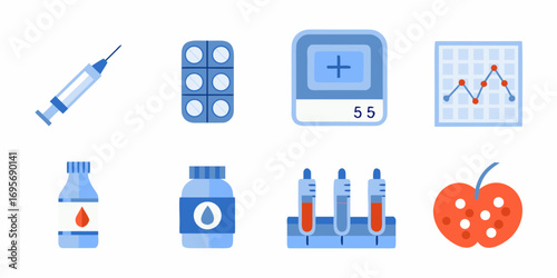 Collection of medical icons representing healthcare and diabetes management with a syringe blood test glucose meter and healthy food