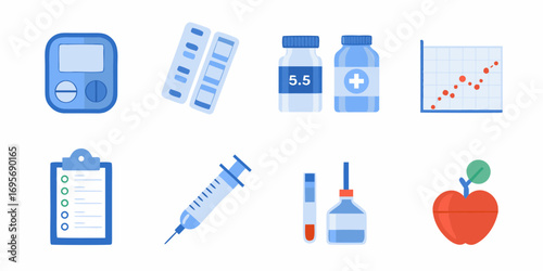 Collection of medical icons representing diabetes care and health monitoring tools