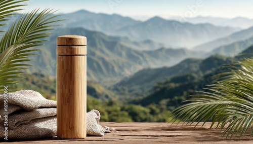 Wooden water bottle, folded cloth, lush mountains