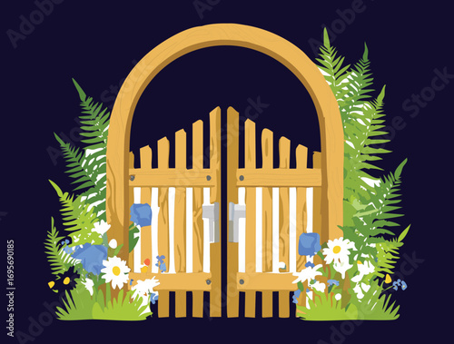  Grand wooden gates surrounded by blooming flowers, a majestic and magical spring garden entrance