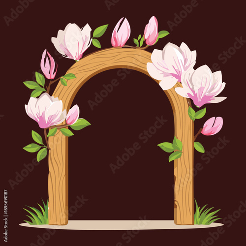 Wooden arch with elegant magnolia blossoms, a romantic and peaceful garden entrance at night
