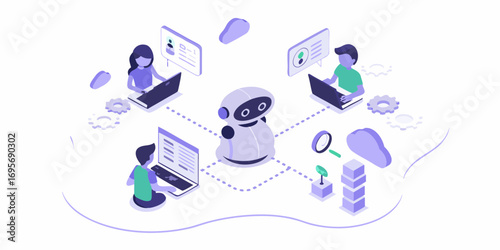 Isometric illustration of people collaborating with a robot and technology for digital transformation and automation