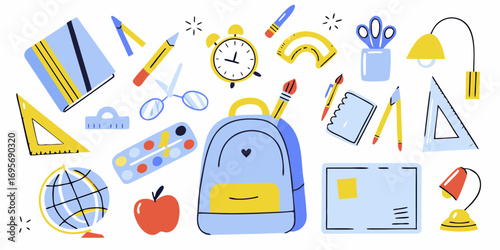 Collection of colorful hand drawn school supplies and stationery items arranged in a playful pattern