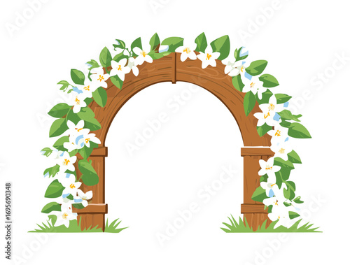 Wooden Archway Adorned with White Jasmine Flowers and Lush Vines
