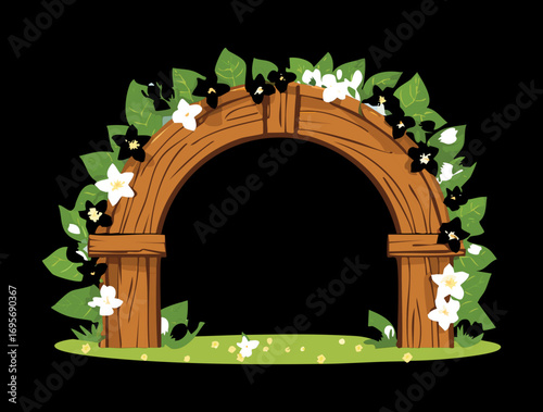 A Dark, Mystical Wooden Archway Adorned with Glowing Flowers at Night

