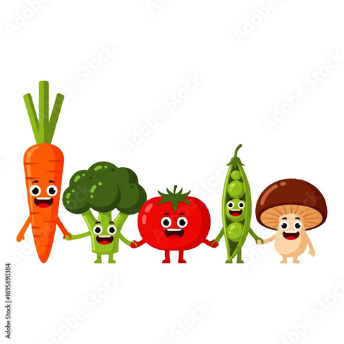 Cartoon vegetables holding hands, a friendly group of carrot, broccoli, tomato, peas, and mushroom