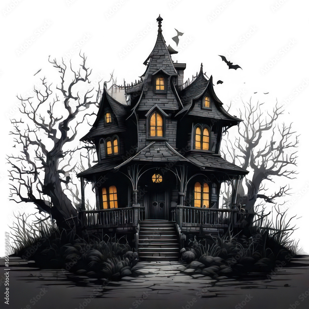 Fototapeta premium Haunted house silhouette, isolated on white and transparent background