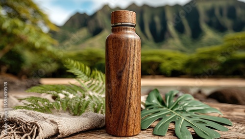 Wooden water bottle on a natural background