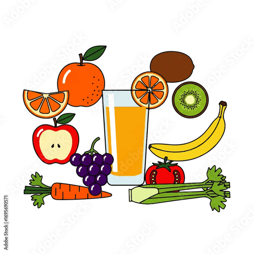 Illustration of a glass of orange juice surrounded by various fruits and vegetables, including an apple, orange, grapes, carrot, and celery