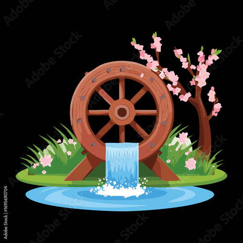 A vintage wooden water mill wheel with cherry blossoms and a waterfall, in a peaceful forest setting at night - Vector Illustration