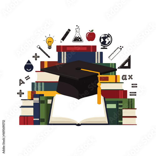 Graduation cap atop books, surrounded by educational symbols, representing knowledge and learning