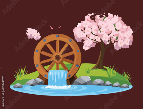 An old wooden mill wheel in a tranquil landscape with a vibrant pink sunset and blooming cherry blossoms and river - Vector Illustration