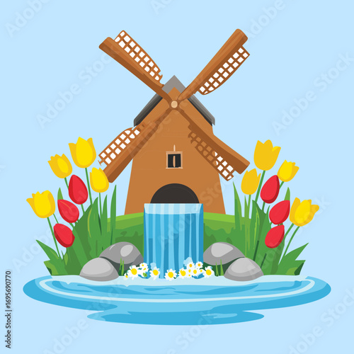 Canvastavla A rustic old windmill with a waterwheel in a tranquil garden with flying butterf