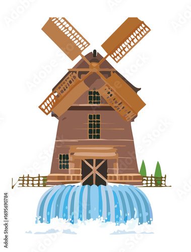 A rustic wooden windmill with a waterwheel and a small waterfall in a beautiful rural setting with a river - Vector Illustration