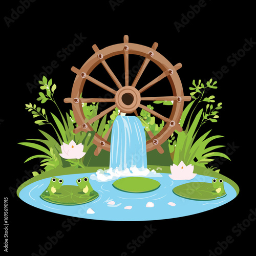 A rustic wooden mill wheel with a water stream, surrounded by colorful bells and a large clock in the center - Vector Illustration