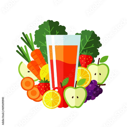 Colorful fruit and vegetable juice in a glass, surrounded by fresh produce