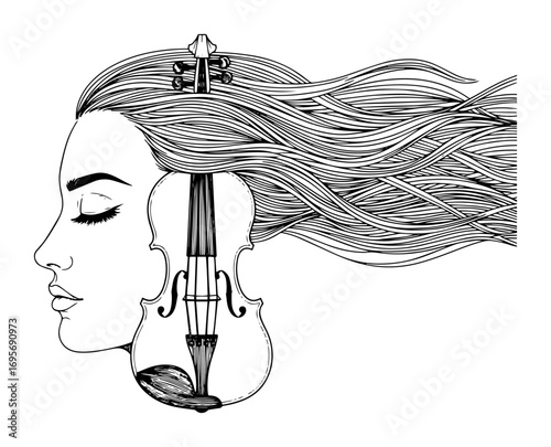 female profile with violin hair surreal vector illustration