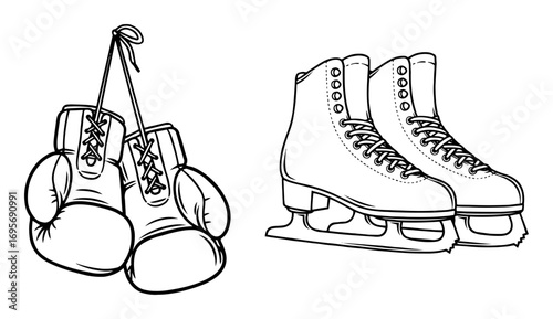 boxing gloves and ice skates sports gear line art vector