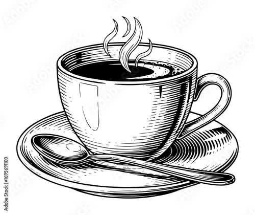 steaming coffee cup with saucer vintage line art vector
