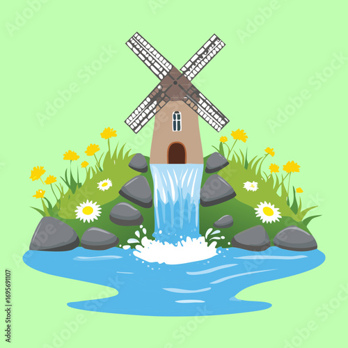 Traditional wooden mill wheel with lush yellow flowers arranged as a wreath, a beautiful spring nature scene - Vector Illustration