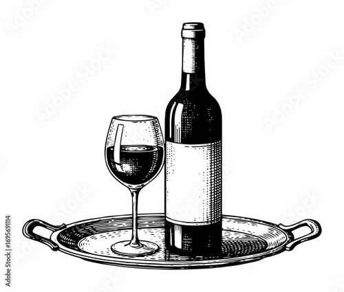 wine bottle and glass on serving tray engraving vector