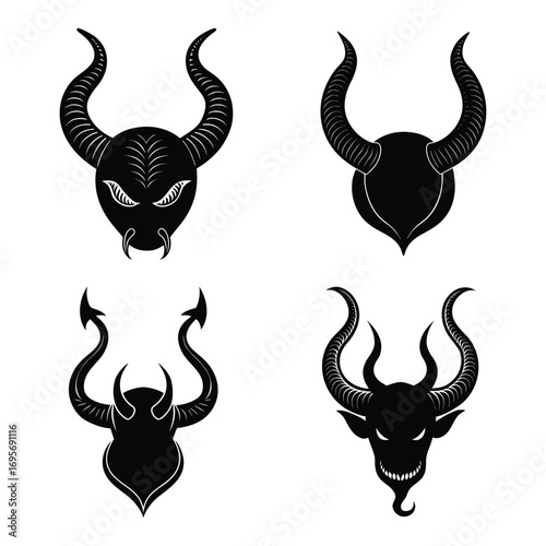 Creepy devil horns with tail silhouette set, ideal for Halloween crafts, haunted invitations, banners, and t-shirt prints.
