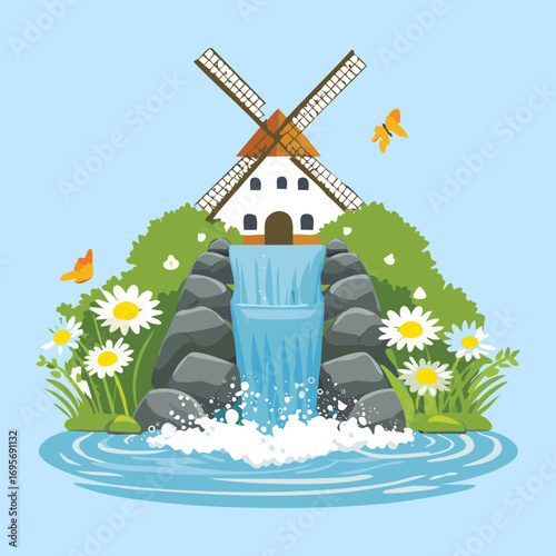A cute small windmill with a waterwheel and a small waterfall in a peaceful forest setting with lush trees - Vector Illustration