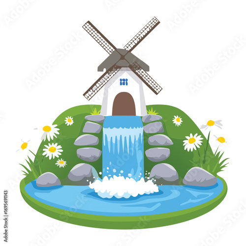 A rustic old windmill with a waterwheel on a river bank surrounded by lush greenery and a waterfall - Vector Illustration