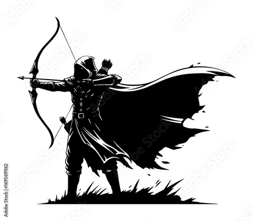 hooded archer drawing with bow
