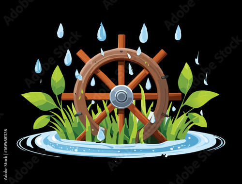 Old wooden mill wheel on a river bank surrounded by beautiful wildflowers and raindrops falling on the water - Vector Illustration