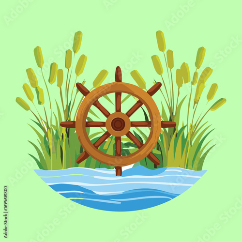 A vintage wooden water mill wheel on a river bank with lush lavender flowers and plants, a beautiful nature scene - Vector Illustration