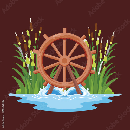 An isolated vintage waterwheel with reeds and tall grass, set against a tranquil green background and blue sky with clouds - Vector Illustration