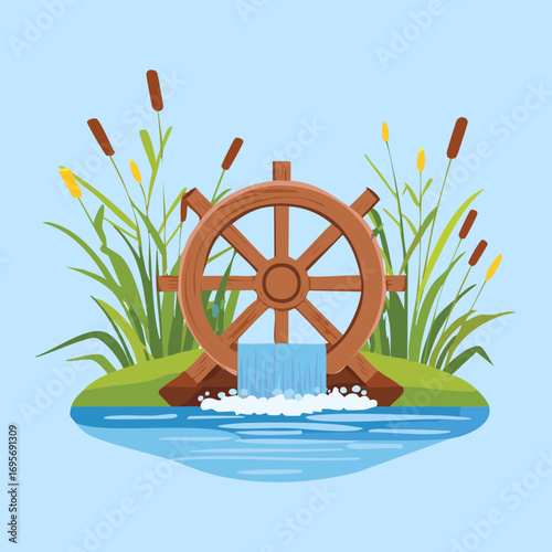 A classic wooden mill wheel surrounded by reeds in a tranquil pond, perfect for nature scenes and wetland backgrounds - Vector Illustration