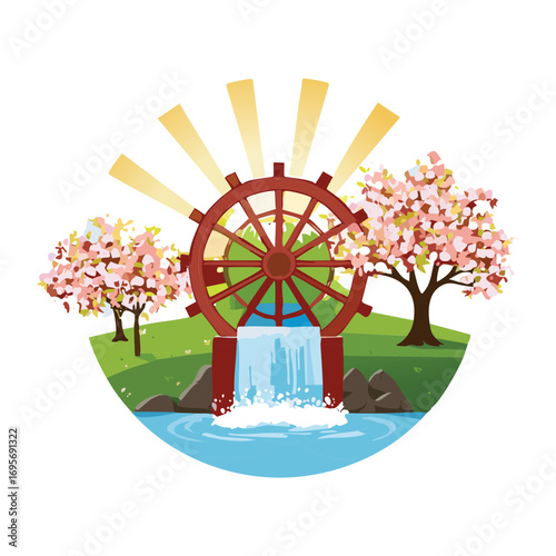 A vintage wooden water wheel with reeds and cattails on a peaceful pond with a reflection of the blue sky on a clear day - Vector Illustration